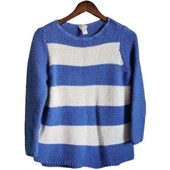 Chico's Sweaters - 🎀Chico's knit white blue metallic thread round neck sweater